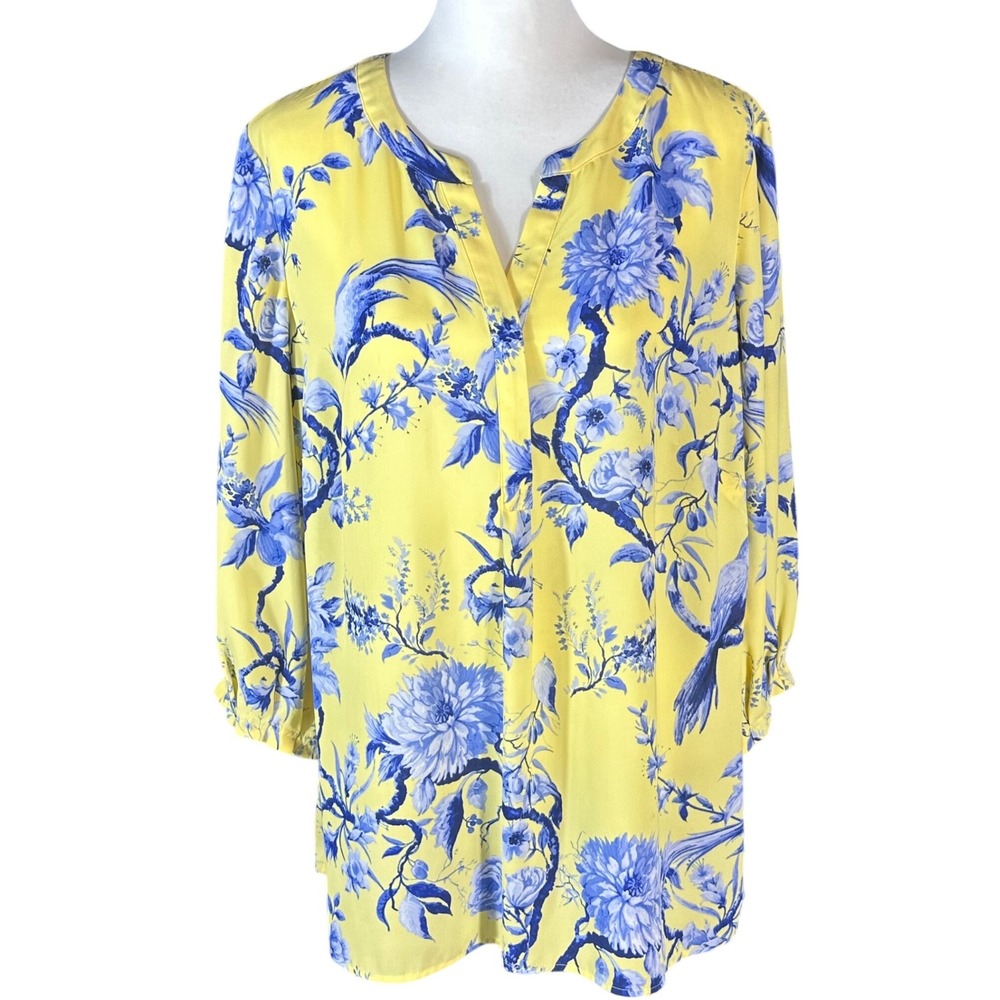 Talbots Blouse Women 1X Yellow Blue Floral Bird Toile V-Neck 3/4 Sleeve